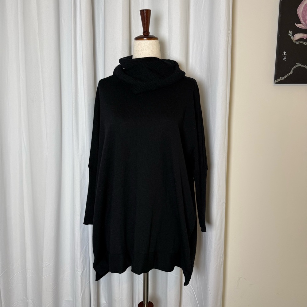 Eileen Fisher Merino Wool Cowl Neck Sweater Black Oversized Small